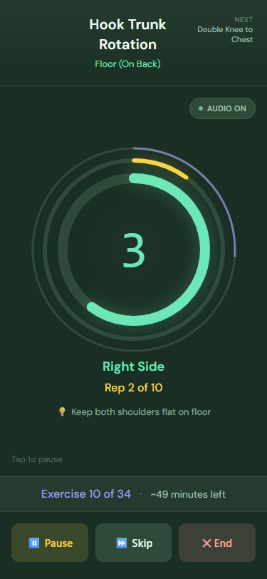 Kuvox workout screen showing progress rings and rep counter